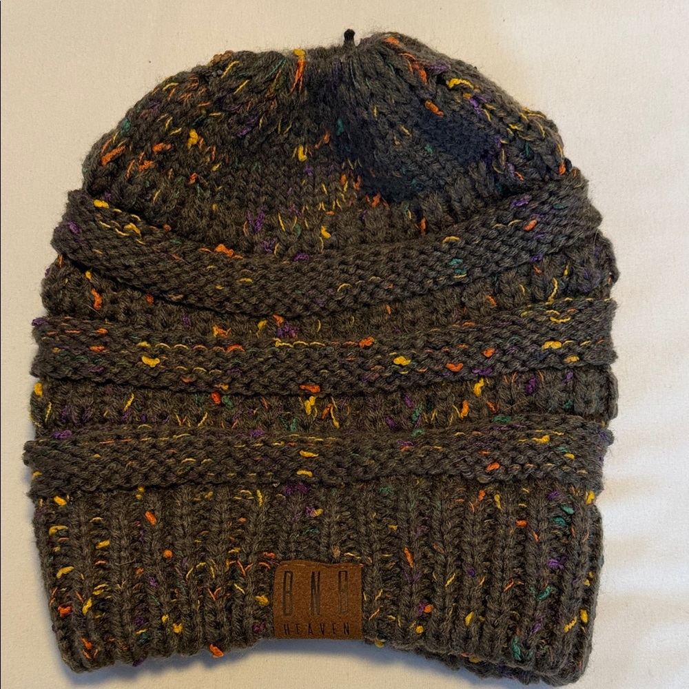 BNB Heaven Knit Beanie with hole on top for pony. New Never Worn